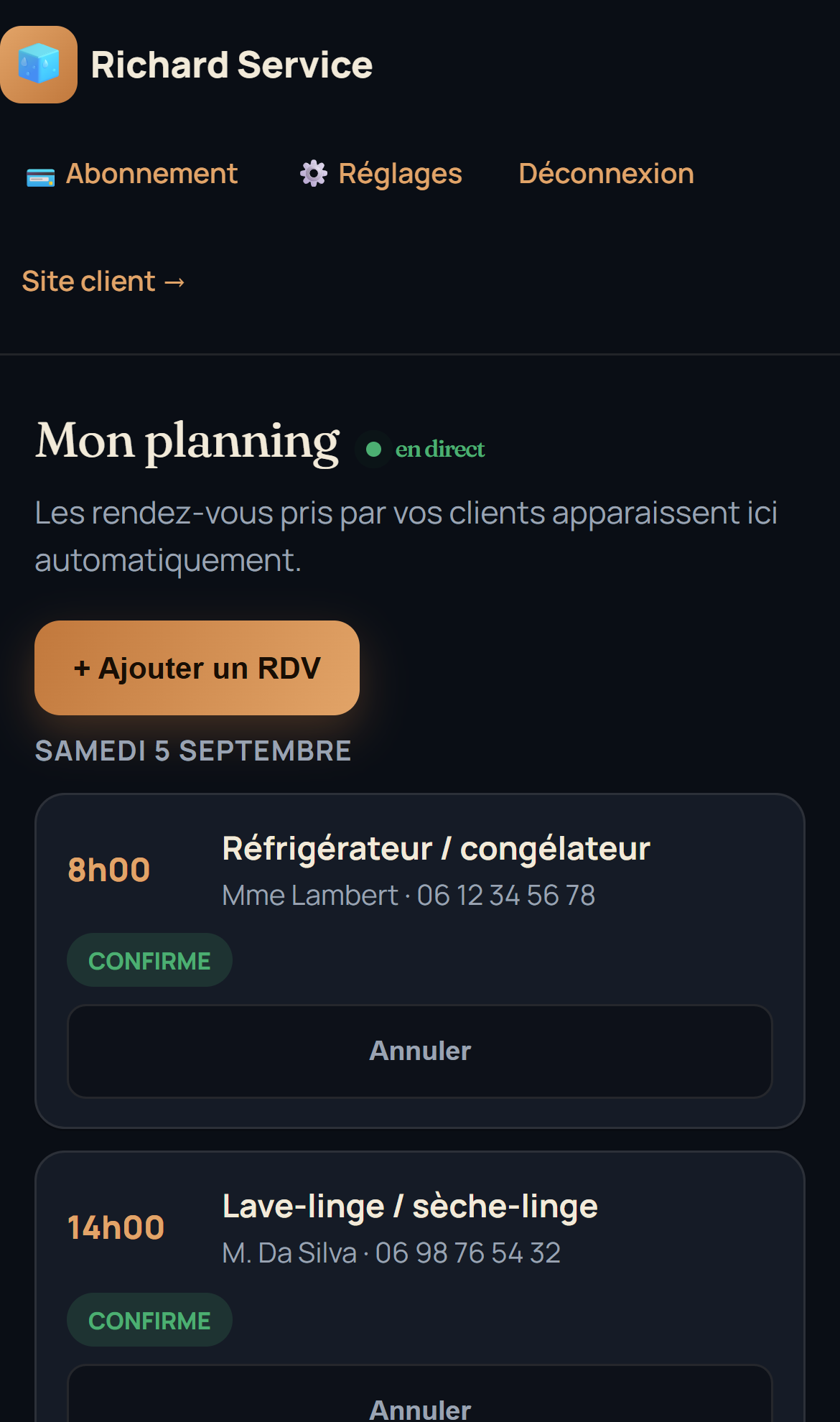 Le planning AutoFlow avec le rendez-vous confirmé